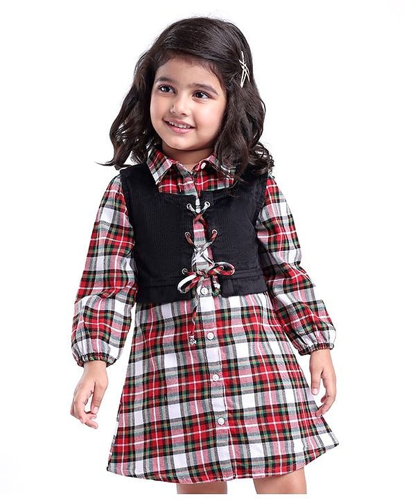 Babyhug Woven Full Sleeves Collared Checkered Frock & Jacket with Knot Detailing - Red & Black