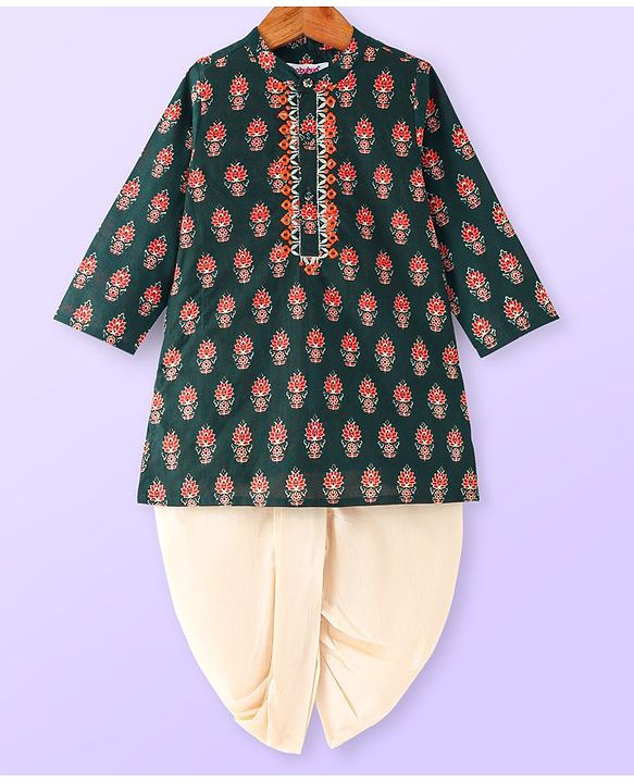 Babyhug Woven Full Sleeves Mandarin Collar Floral Cambric Printed Kurta Dhoti Set - Green