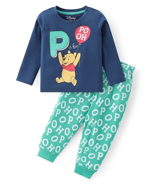 Babyhug Disney Single Jersey Knit Full Sleeves Night Suit with Winnie the Pooh Graphics -Navy & Green