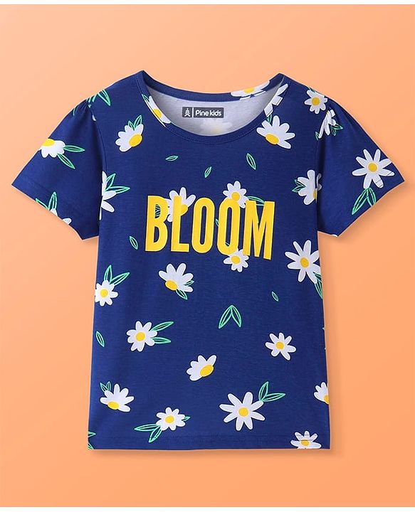 Pine Kids Single Jersey Knit Half Sleeves Night Suit With Text & Floral Print - Navy