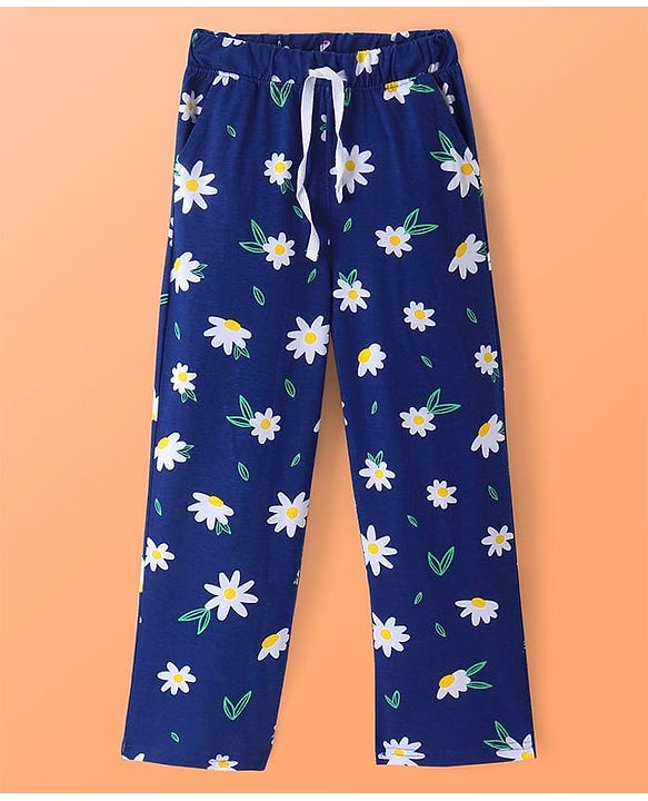 Pine Kids Single Jersey Knit Half Sleeves Night Suit With Text & Floral Print - Navy