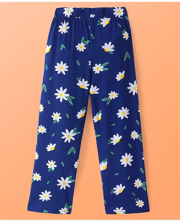 Pine Kids Single Jersey Knit Half Sleeves Night Suit With Text & Floral Print - Navy