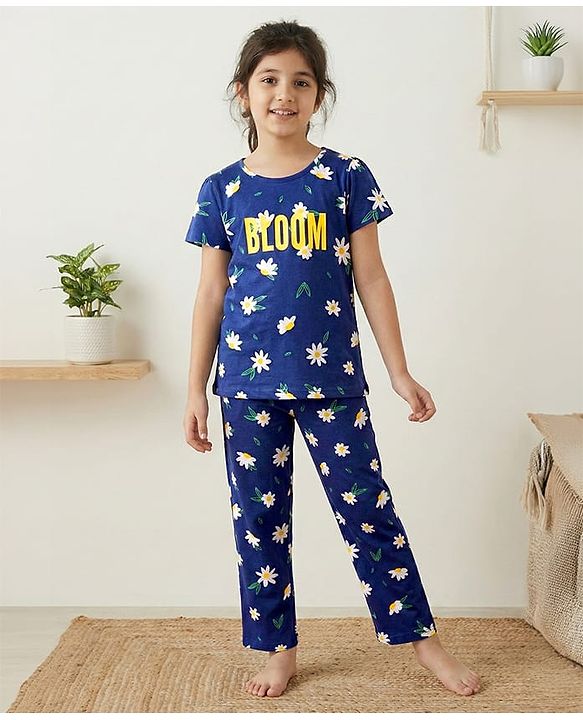 Pine Kids Single Jersey Knit Half Sleeves Night Suit With Text & Floral Print - Navy