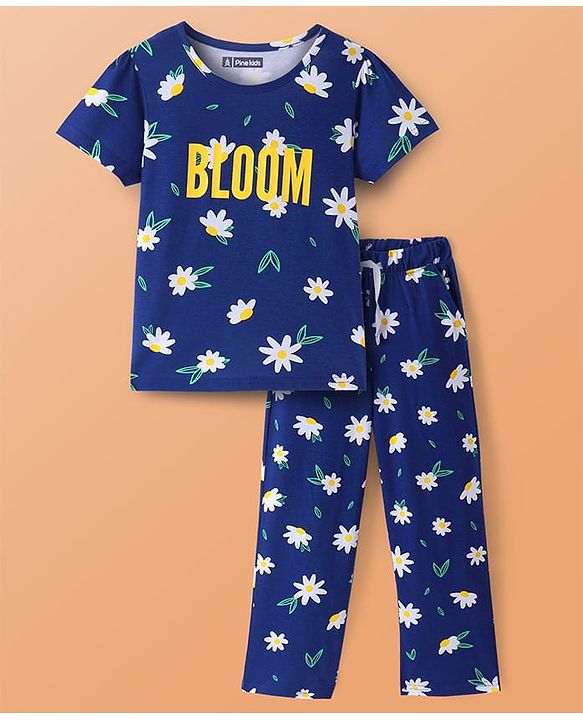 Pine Kids Single Jersey Knit Half Sleeves Night Suit With Text & Floral Print - Navy