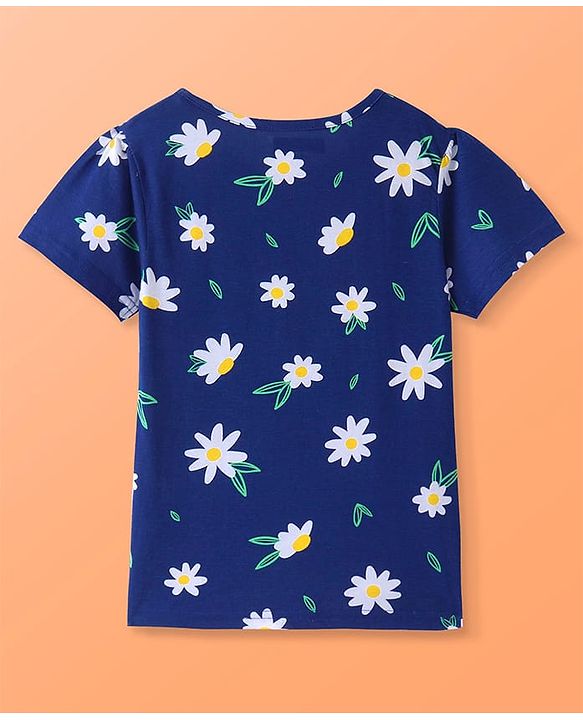 Pine Kids Single Jersey Knit Half Sleeves Night Suit With Text & Floral Print - Navy