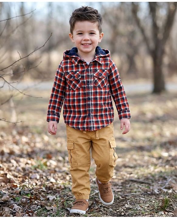 Babyhug Cotton Woven Full Sleeves Hooded Checkered Shirt & Lounge Pant Set - Beige & Rust Orange