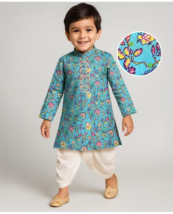 Babyhug Cotton Woven Foil Printed Full Sleeves  Dhoti Kurta Set - Teal Blue
