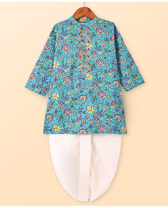 Babyhug Cotton Woven Foil Printed Full Sleeves  Dhoti Kurta Set - Teal Blue