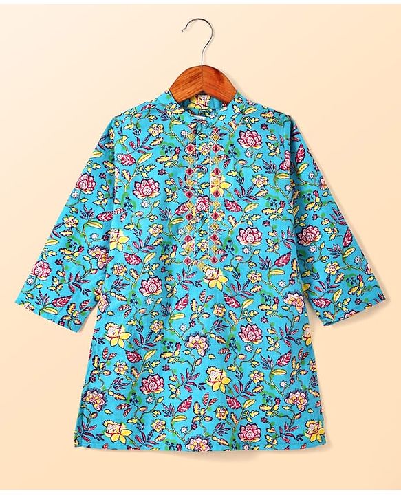 Babyhug Cotton Woven Foil Printed Full Sleeves  Dhoti Kurta Set - Teal Blue