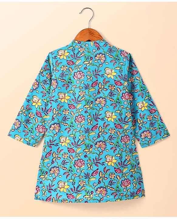 Babyhug Cotton Woven Foil Printed Full Sleeves  Dhoti Kurta Set - Teal Blue