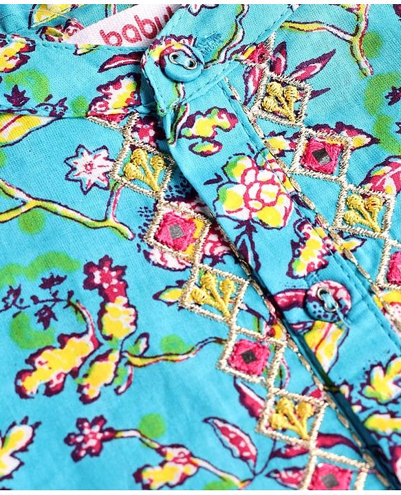 Babyhug Cotton Woven Foil Printed Full Sleeves  Dhoti Kurta Set - Teal Blue