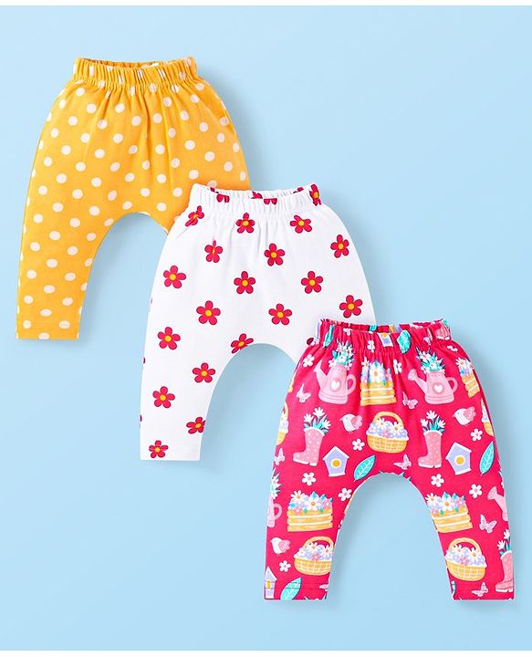 Babyhug Interlock Knit Full Length Diaper Leggings with Polka Dots & Floral Print Pack of 3 - White Yellow & Pink