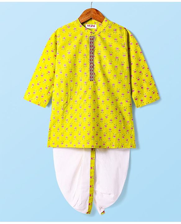 Babyhug Cambric Woven Full Sleeves Dhoti Kurta Set with Floral Print - Yellow