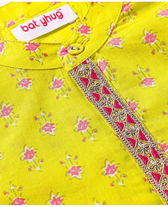 Babyhug Cambric Woven Full Sleeves Dhoti Kurta Set with Floral Print - Yellow