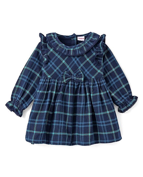 Babyhug Cotton Woven Full Peasant Sleeves Checkered Frock With Frill & Bow Detailing - Navy Blue