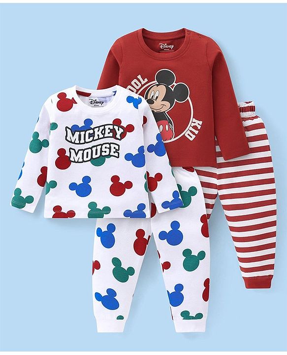 Babyhug Disney Single Jersey Knit Full Sleeves Nigh Suit with Mickey Mouse Graphics Pack of 2 - Maroon & White