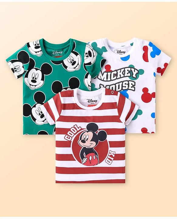 Babyhug Disney Single Jersey Knit Half Sleeves Striped & Mickey Mouse Graphics Pack of 3 - Red Green & White
