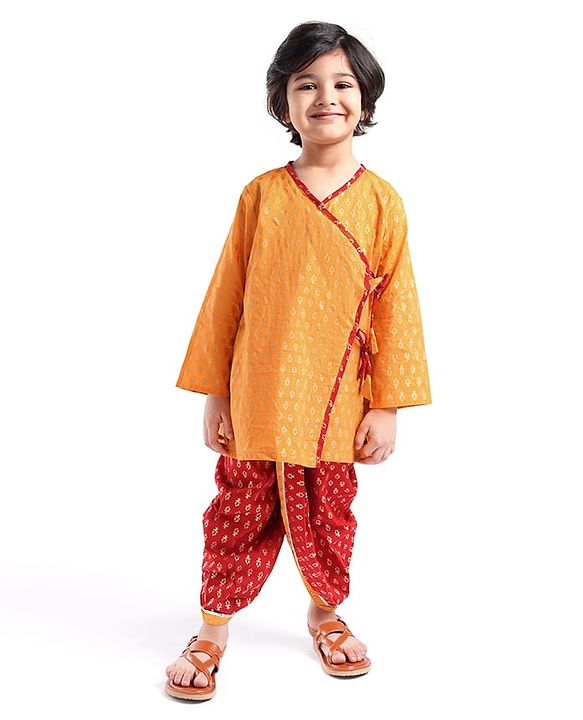 Babyhug Woven Full Sleeves Floral Printed Kurta Dhoti Set with Pair of Booties & Paghdi - Mustard & Red