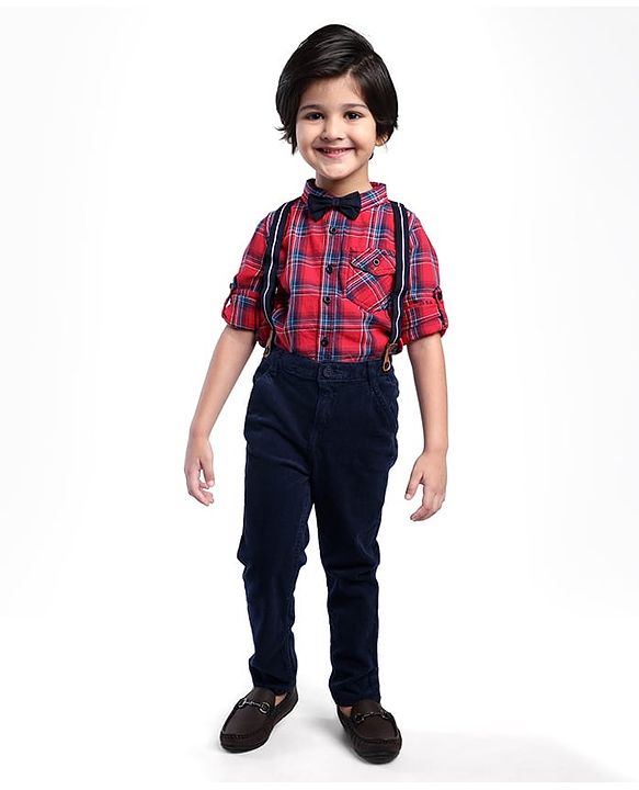 Babyhug Cotton Woven Full Sleeves Checkered Shirt with Jeans Bow & Suspender - Red & Blue