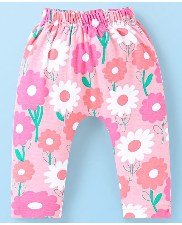 Babyhug Interlock Full Length Diaper Leggings With Floral Print Pack Of 3 - Pink & Lavender