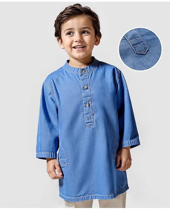 Babyhug Cotton Woven Full Sleeves Denim Solid Kurta - Blue