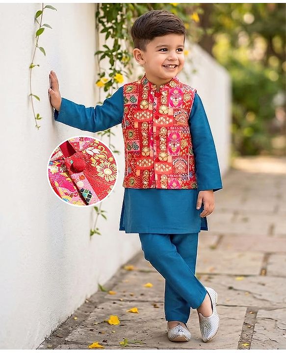 Babyhug Woven Full Sleeves Solid Kurta Pyjama Set with Foil Printed Jacket - Blue