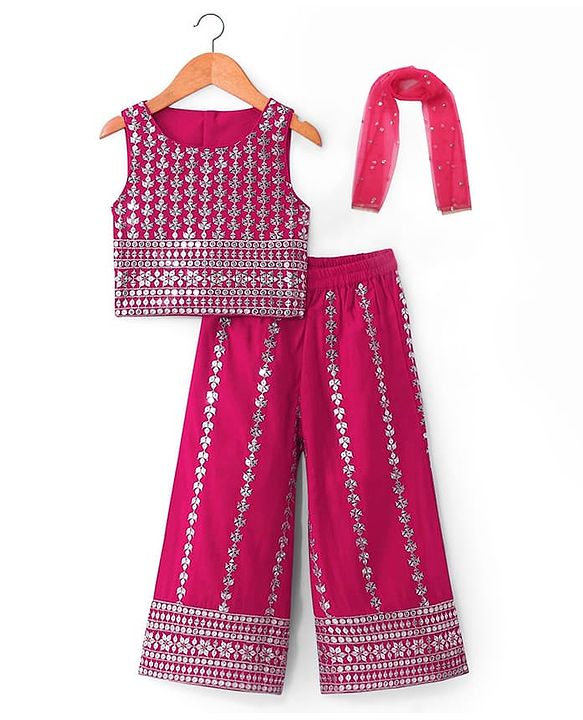 Babyhug Woven Sleeveless Floral Embroidered Top Palazzo Set with Dupatta - Red