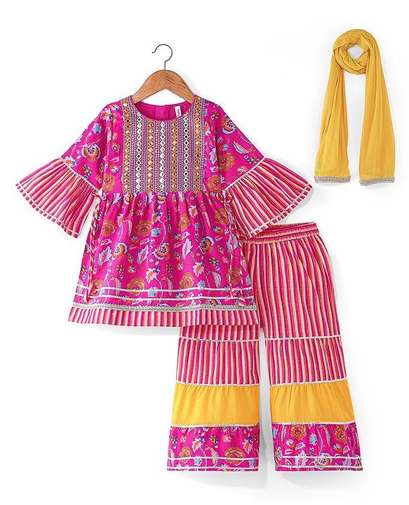 Babyhug Cambric  Woven Three Fourth Sleeves Mirror Work Embroidered Floral & Striped Printed Kurta & Gharara Set with Dupatta - Dark Pink
