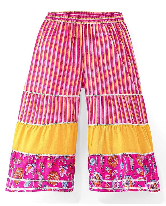 Babyhug Cambric  Woven Three Fourth Sleeves Mirror Work Embroidered Floral & Striped Printed Kurta & Gharara Set with Dupatta - Dark Pink