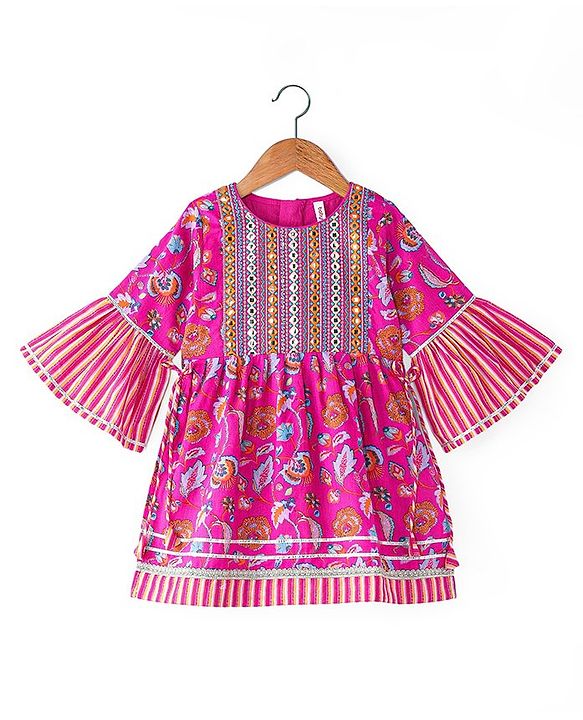 Babyhug Cambric  Woven Three Fourth Sleeves Mirror Work Embroidered Floral & Striped Printed Kurta & Gharara Set with Dupatta - Dark Pink