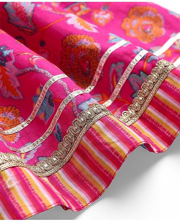 Babyhug Cambric  Woven Three Fourth Sleeves Mirror Work Embroidered Floral & Striped Printed Kurta & Gharara Set with Dupatta - Dark Pink