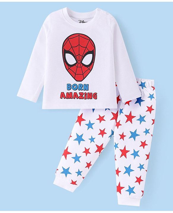 Babyhug Marvel Single Jersey Knit Full Sleeves Night Suit With Spider Man Graphics - White
