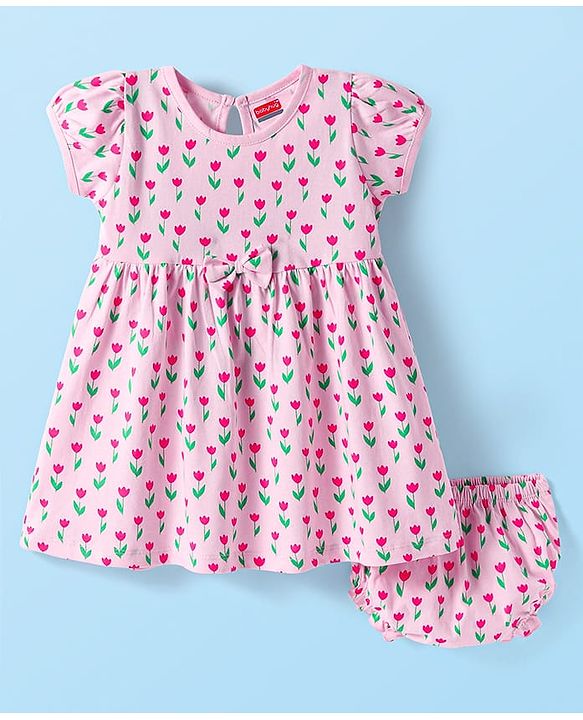 Babyhug Single Jersey Knit Half Sleeves Floral Printed Frock with Bloomer & Bow Applique - Pink