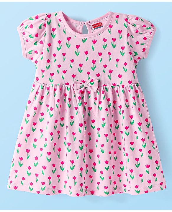 Babyhug Single Jersey Knit Half Sleeves Floral Printed Frock with Bloomer & Bow Applique - Pink