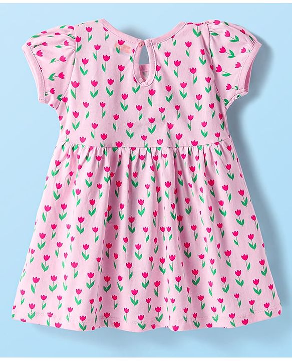 Babyhug Single Jersey Knit Half Sleeves Floral Printed Frock with Bloomer & Bow Applique - Pink