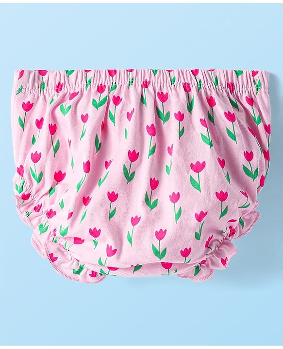 Babyhug Single Jersey Knit Half Sleeves Floral Printed Frock with Bloomer & Bow Applique - Pink