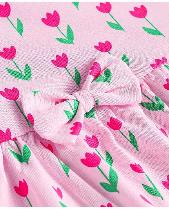 Babyhug Single Jersey Knit Half Sleeves Floral Printed Frock with Bloomer & Bow Applique - Pink