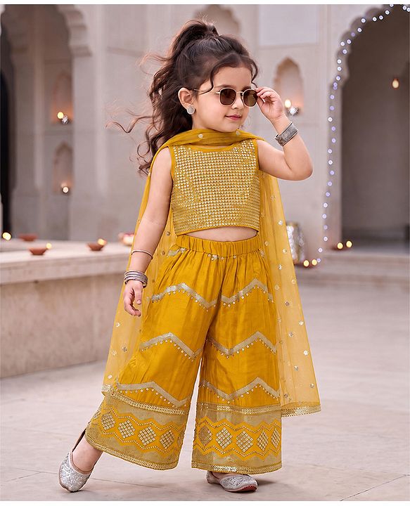 Babyhug Woven Sleeveless Sequined Embroidered Top & Palazzo Set with Dupatta - Mustard