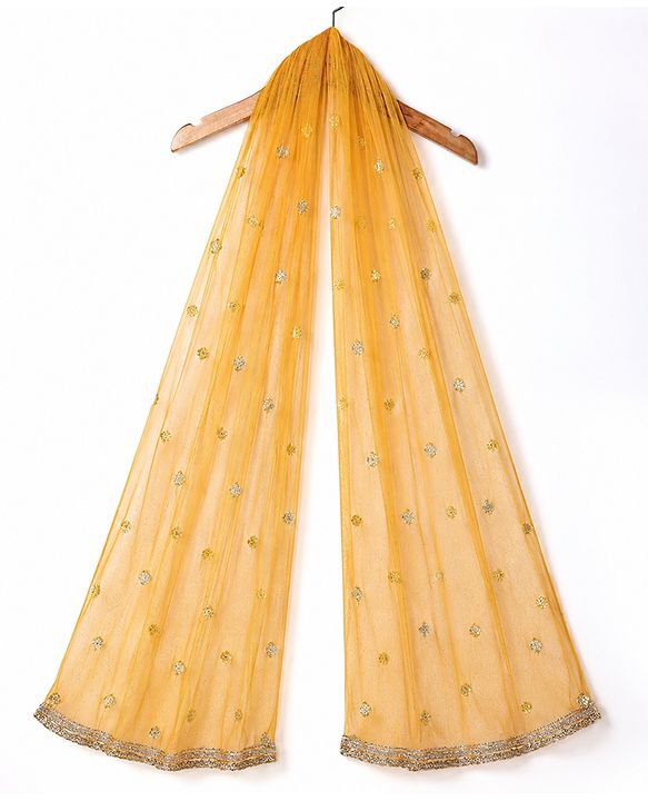 Babyhug Woven Sleeveless Sequined Embroidered Top & Palazzo Set with Dupatta - Mustard