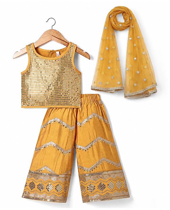 Babyhug Woven Sleeveless Sequined Embroidered Top & Palazzo Set with Dupatta - Mustard