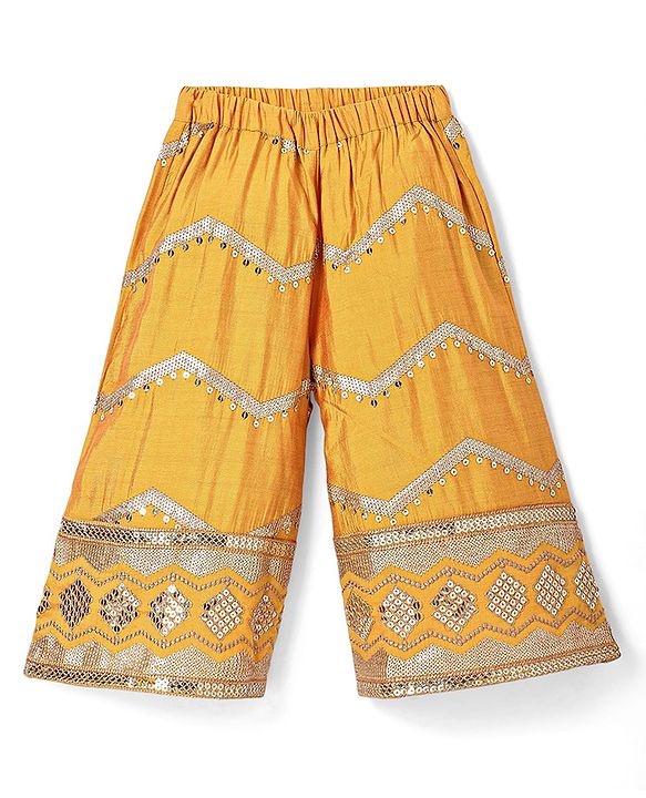 Babyhug Woven Sleeveless Sequined Embroidered Top & Palazzo Set with Dupatta - Mustard