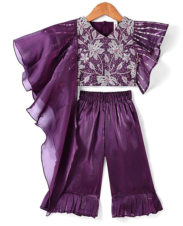 Babyhug Woven Flutter Sleeves Slik Sequined Embroidered Top & Palazzo Set with Dupatta  - Wine