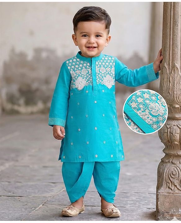 Babyhug Woven Full Sleeves Floral  Embroidered Kurta Dhoti Set -Light Blue