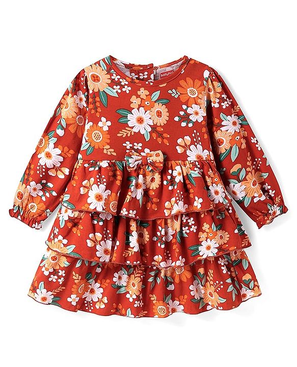 Babyhug Cotton Knit Full Peasant Sleeves Floral Printed Layered Frock with Bow Applique - Red