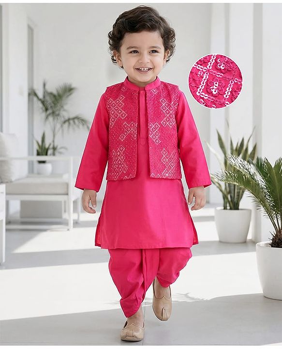 Babyhug Woven Full Sleeves Solid Colour Kurta Dhoti Set with Sequined Embroidered Nehru Jacket - Dark Pink