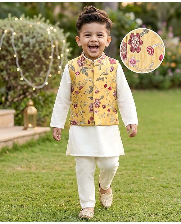 Babyhug Cotton Woven Full Sleeves Kurta & Pajama Set with Floral Embroidered Jacket - Off White