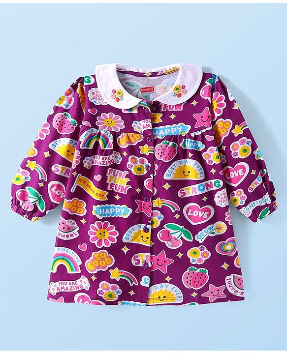 Babyhug Single Jersey Knit Full Sleeves Peter Pan Collar Frock With Rainbow & Text Print - Purple