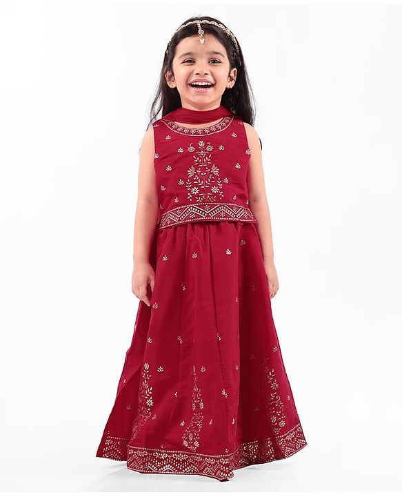 Babyhug Sleeveless  Embroidered Kurti & Chevron Printed Gharara with Dupatta - Teal Blue