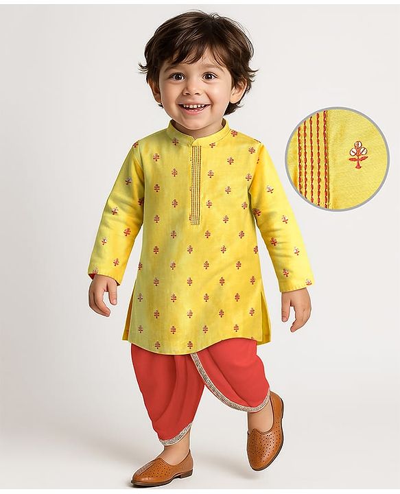 Babyhug Woven Full Sleeves Kurta & Dhoti Set with Sequin Embroidery - Yellow