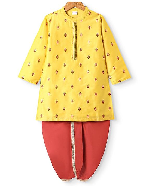Babyhug Woven Full Sleeves Kurta & Dhoti Set with Sequin Embroidery - Yellow